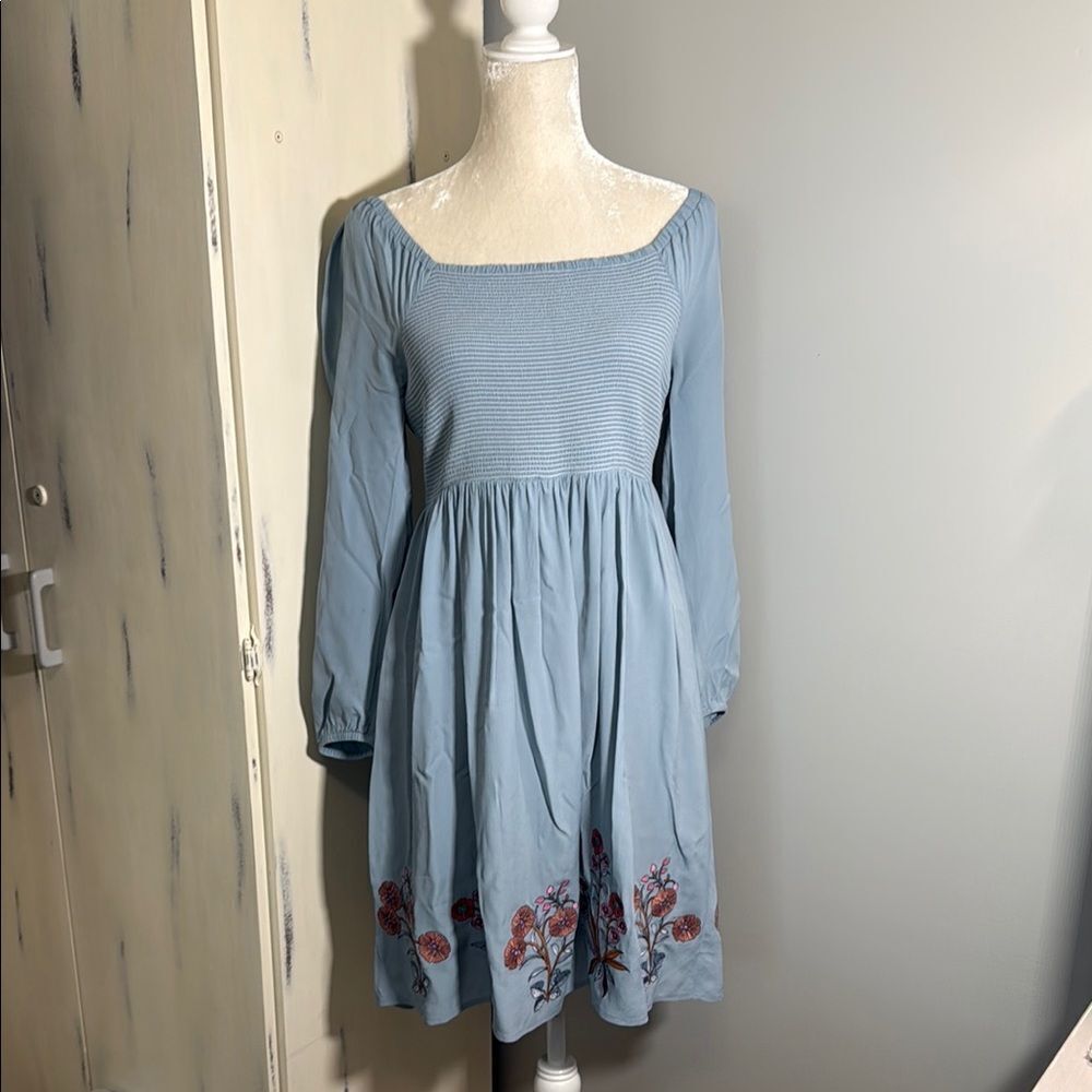 Spartina 449 Blue Embroidered Dress Bishop Sleeve Square Neck Size S